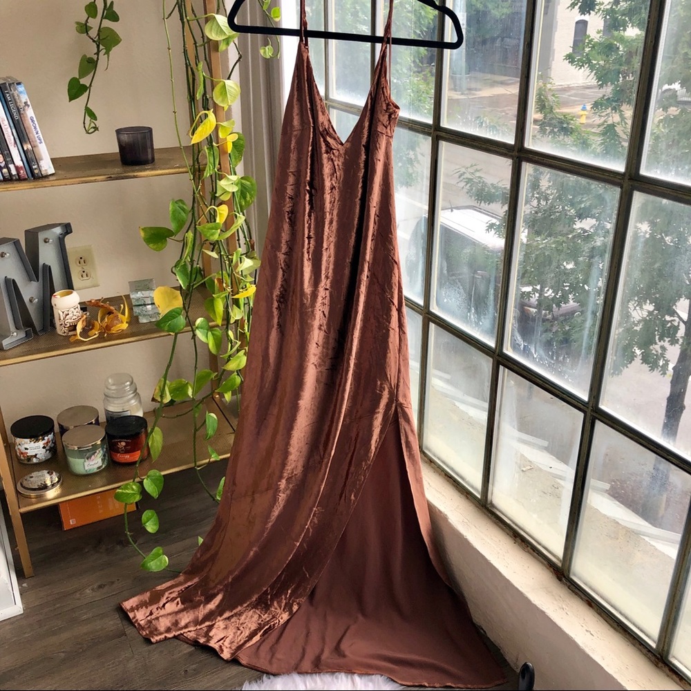 Express Bronze Velvet Thigh Slit Maxi Dress